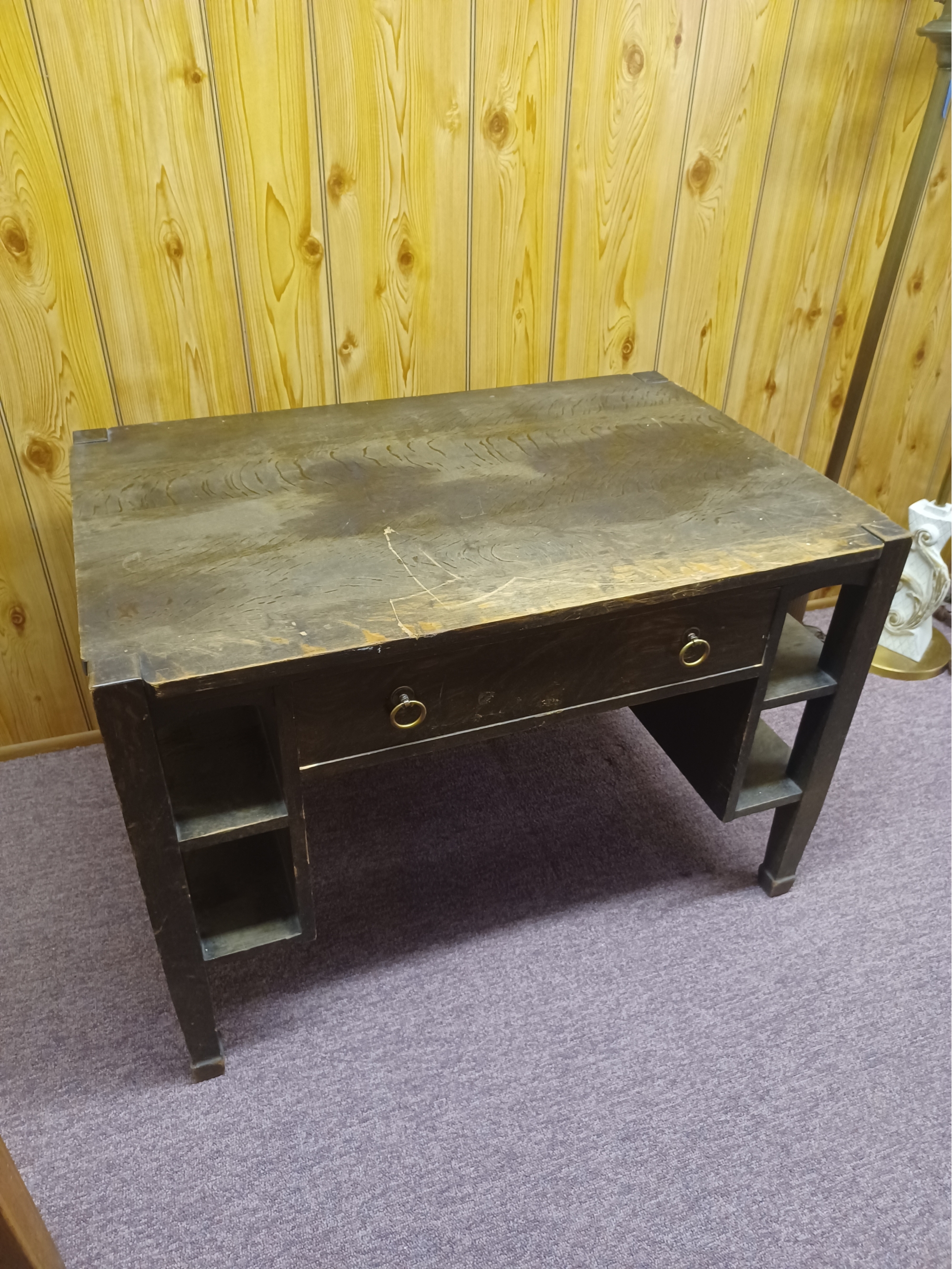 Antique Wood Heavy Duty Desk Table With Side Shelves And Drawer