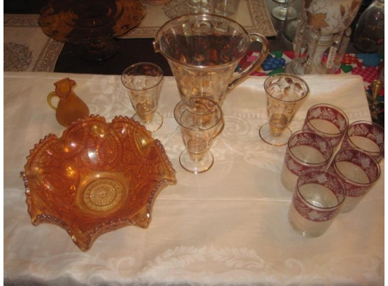 Vintage Retro Mid Century  Glass Lot Carnival-Crackle-Trumpet-lowball Etched