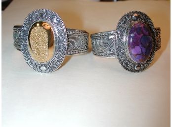 Lot Of 2 Wide Cuff Bangle Bracelets -Druzy/ Multicolor Stone