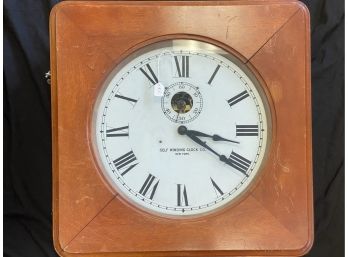 Square  Wall Clock By Self Winding Clock Co. New York, Oak Cabinet, 1900s 21 X 21