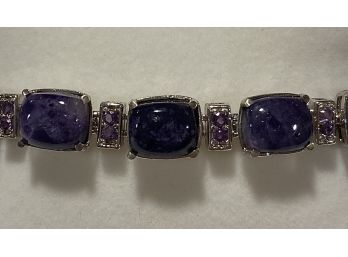 Cabochan Rough Tumbled Amethyst With Faceted Amethyst Sterling Silver 7 1/2' Stone Bracelet
