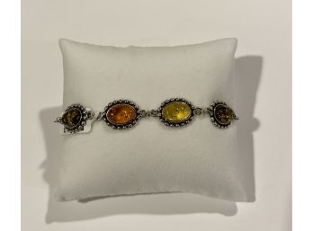 Amber Oval Multi Color Sterling Silver Beaded Bezel Set  8 1/2'  Adjustable Bracelet
