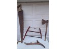 Collection Of Four Antique Tools Saws. 53' And Axe