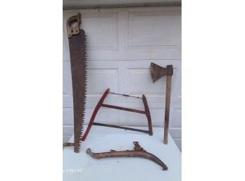 Collection Of Four Antique Tools Saws. 53' And Axe