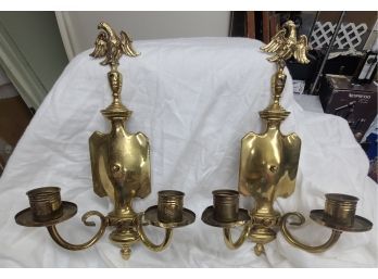 Two Antique Brass American Eagle Wall Sconces 15' Tall