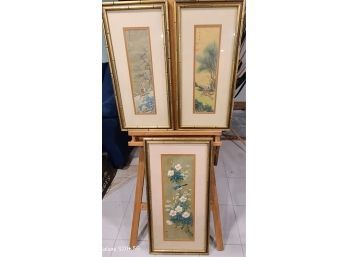 3 Antique Chinese Silk Paintings. 2 Warrior Prints 26x13 And 1 Floral  32x16 W Matching Frames