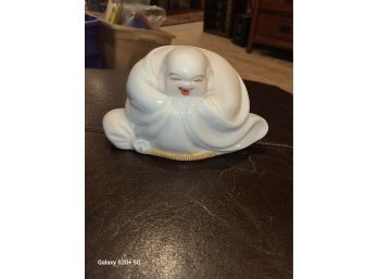 Vintage Chinese Laughing Buddha Porcelain White Robe Crackle Glaze