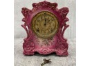 086 Antique Porcelain Pink Floral Ansonia Clock Co. Mantle Clock