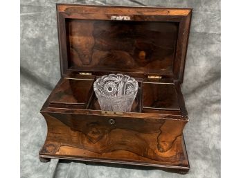 068 Antique 1810 Mahogany Wood Tea Caddy Box With Crystal Cut Vase