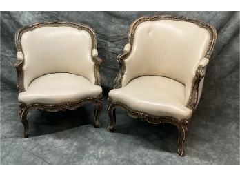 063 Pair Of Two Small Victorian Childs/Pets Chairs Upholstered Cream Leather And Plaid Backing