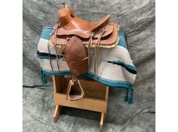 057 Vintage Western Leather Childrens Saddle With Wood Display 'Roy Rogers'