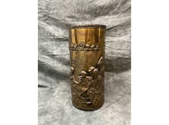 061 Vintage Brass/Wood High Relief English Umbrella Or Cane Holder