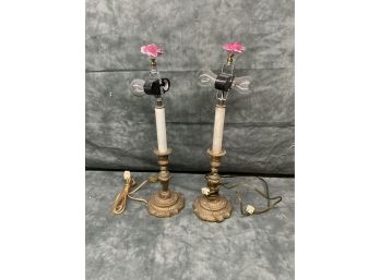 043 Antique Pair Of Brass Table Floral Table Lamps