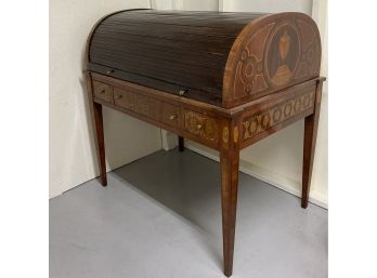 080 Antique Mahogany English Cylinder Marquetry Desk