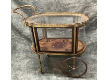 050 'AS IS' Antique Tea Trolly Curved Glass Brass Bar Cart