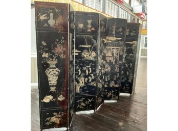 084 Large Antique Lacquered Chinese Hand Painted And Hand Carved Folding Screen