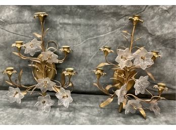 078 Pair Of Two Vintage Italian Murano Glass Gold Tone Floral Wall Sconces