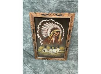 027 Western Native American Painting Painted On Velvet Framed Vintage Art