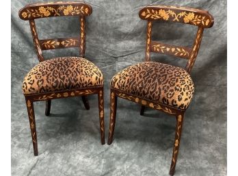 067 Pair Of Two Leopard Print Inlaid Wood Floral Design Chairs