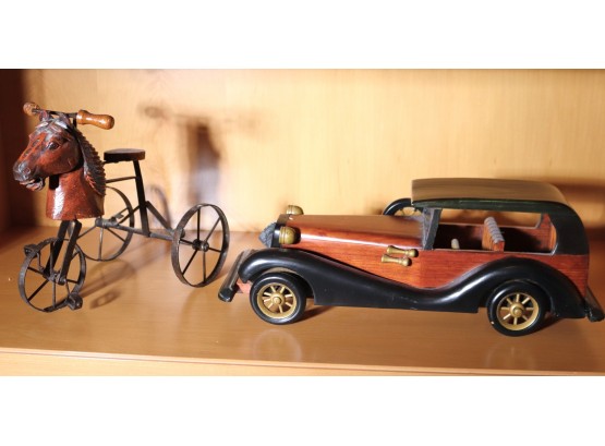 Wooden Model T Car And Small Wooden Tricycle With Horse Head.