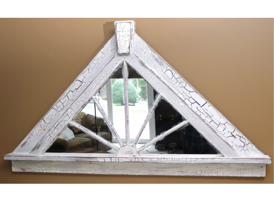 White Triangular Barn Mirror With A Crackled Finish On The Frame, And Sunburst Design
