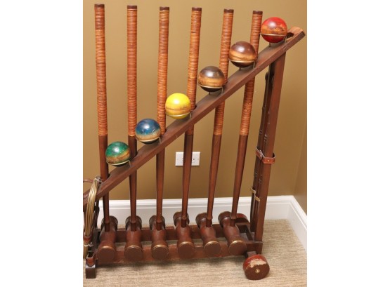 Vintage Stiles Brothers Croquet Set On Wooden Holder With Wooden Wheels.