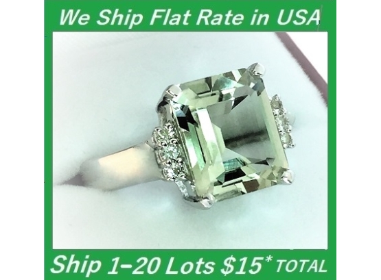 Stunningly Beautiful Rhodium Over Sterling Silver Ring W/ Large Emerald Cut Green Amethyst. Size 6