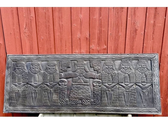 LARGE African Warlord With Severed Heads Carved Plaque Panel - Vintage Exotic Hardwood (Ebony?)