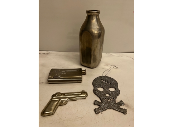 Lot Of Metal Bottle, Ornaments And Flask