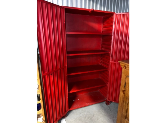 EPIC Red Painted Industrial Metal Cabinet ~~ Whiskey, Books, Bar, Pantry. So Many Uses! ON Wheels