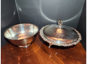Lot Of 2 Silver Plate And Pyrex Serving Dishes