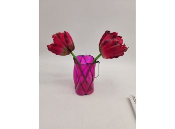 Pink Glass Vase And 2 Silk Flowers