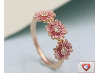 Pink Ombre 3 Daisies With Sparkling Rhinestones Centers Rose Gold Plated Fashion Ring Size 7.5