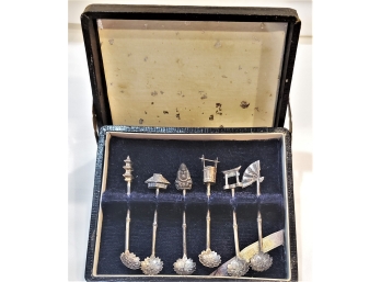 Set/6 Miniature Sterling Silver Figural Japan Mum Pagoda Buddha Themed Spoons Bamboo Shafts O/Case 10.6 Grams