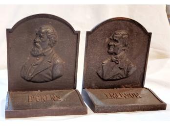 Pair Cast Iron Bookends Bronze Patina Relief Portraits Of Emerson And Dickens