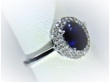 10K Gold Ring Fine Jewelry & Big Blue Sapphire (1 Carat) W/ Double DIAMOND Halo Of Surrounding Diamonds Size 7