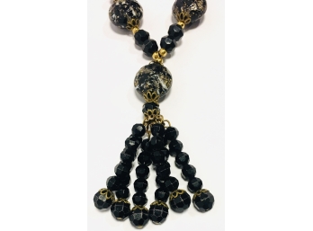 Costume Black And Gold Art Beads Flapper Necklace 14” For Dress Up