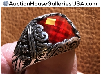 Vibrant Facetted Red/Orange Glass Etched/carved Sterling Silver Man’s Size 13.5 Ring