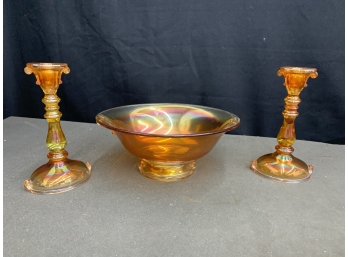 Imperial Marigold Double Scroll Bowl And Two (2)Tall Scroll Candlestick Holders