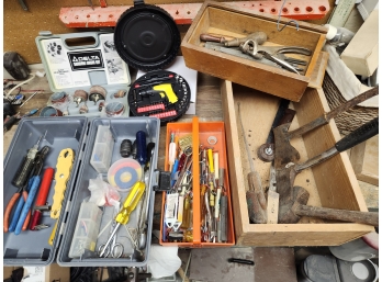 Tool Lot #2: Sanding Drum Kit, Some Hardware, Wooden Boxes, Hand Tools, Hatchet