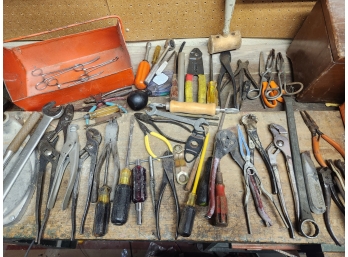 Tool Lot - Pliers, Scissors, Wrenches, Clippers, Socket, With Orange Tray