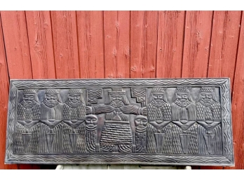 LARGE African Warlord With Severed Heads Carved Plaque Panel - Vintage Exotic Hardwood (Ebony?)
