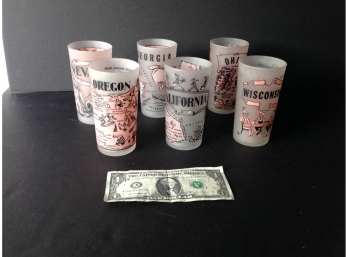 Lot#3:   6 Super Pink Pastel Frosted Glasses. Mid Century/ 6 U.S. States