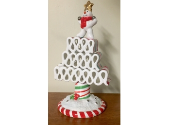 Ceramic Candy Styled Christmas Tree With Snowman Topper And Star Hat