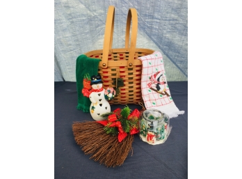 Holiday Basket With Hallmark Snowman, 2 Vtg Towles, Snowman Candle And Decorated  Hand Broom