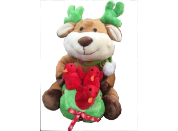 Plush Dog Playing A Reindeer With Gift Of Red Birds