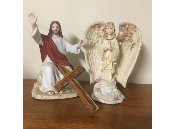 VTG Wooden Cross From Jerusalem, Jesus And Angel W/ Wings That Close