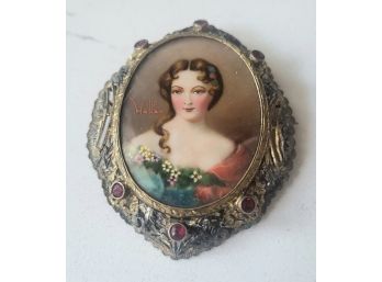 ANTIQUE VICTORIAN PORTRAIT HANDPAINTED BROOCH/PENDANT WITH RED STONES & 'C' CLASP