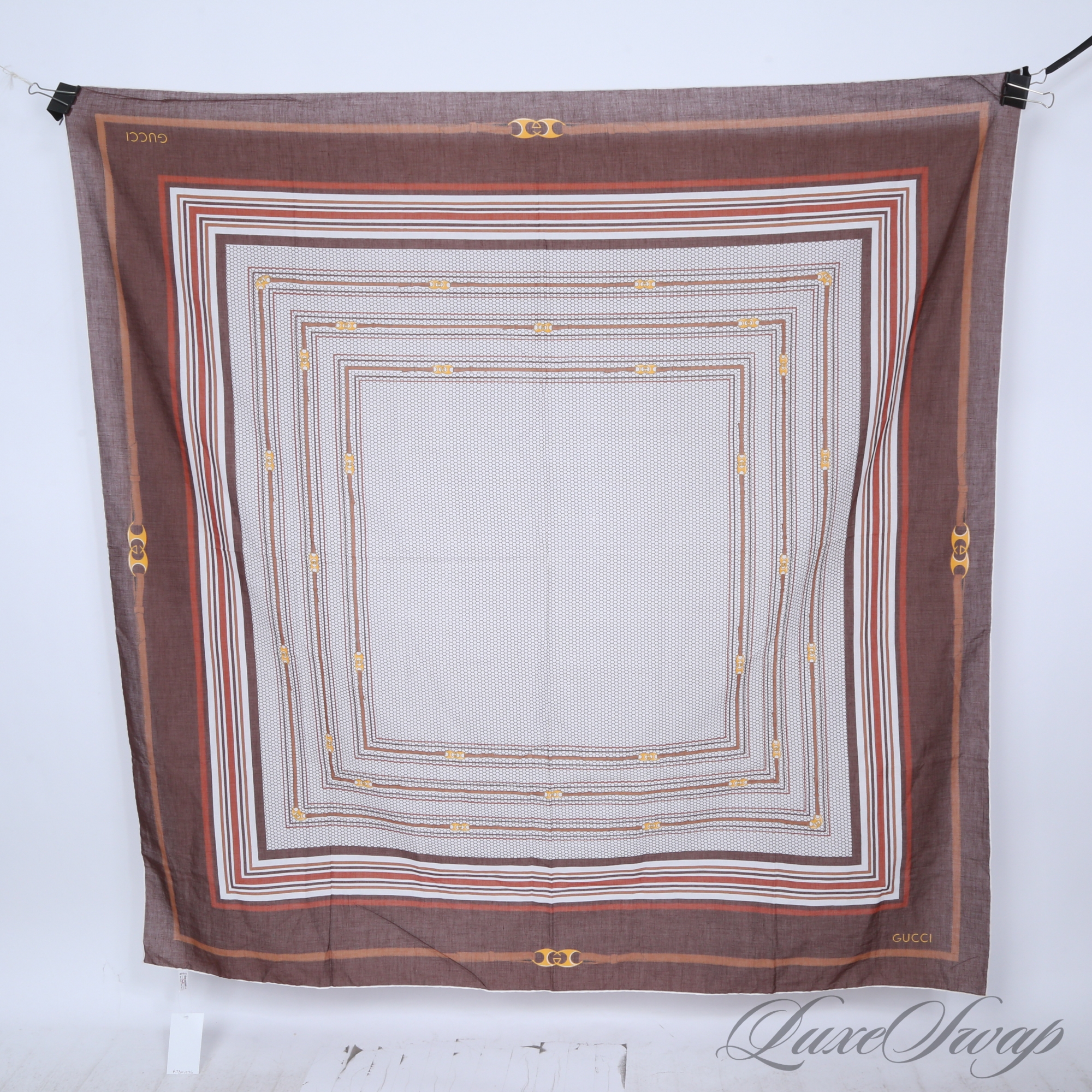 DEADSTOCK BRAND NEW UNUSED VINTAGE 1980S GUCCI MADE IN ITALY HUGE 56' BROWN CONCENTRIC GEOMETRIC PAREO SCARF