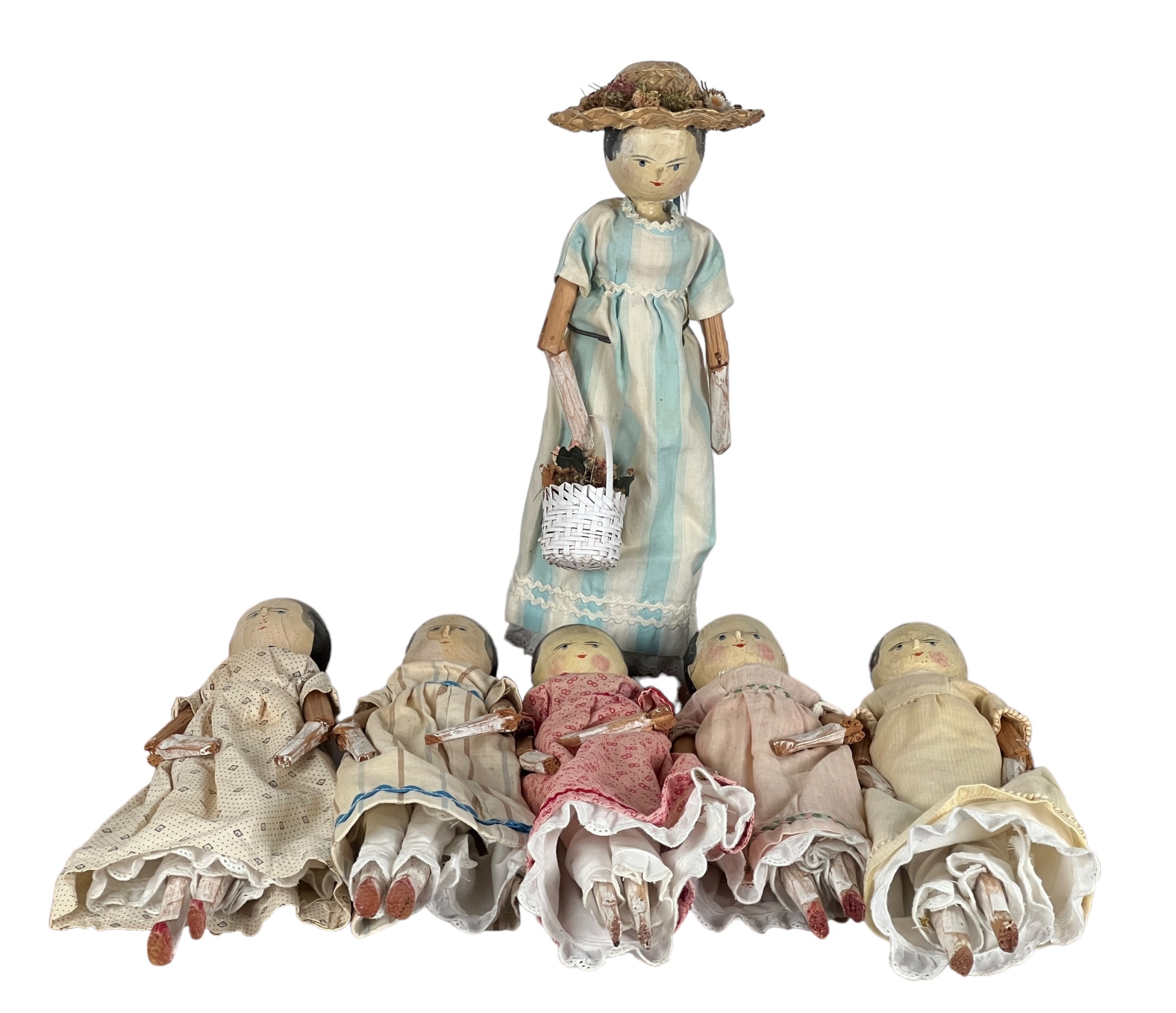 (6) QUEEN ANNE STYLE DOLLS With HATS & BASKETS